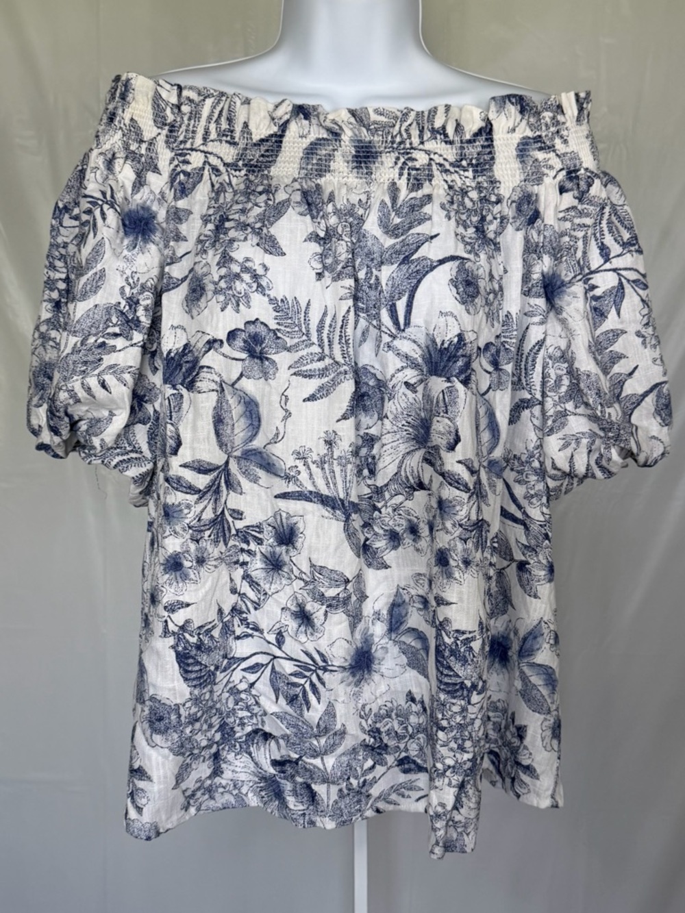 CeCe Blue & Ivory Floral Off Shoulder Boho Peasant Top Small